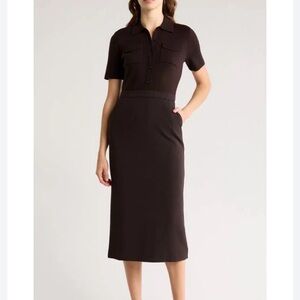 Theory Button Front Mixed Media Crepe Dress Midi in Chocolate Brown Size 0 NWOT